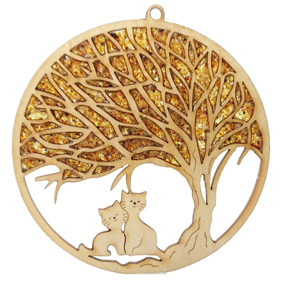 Window Decoration Sun Catcher Amber in Birch Wood Cats Under Tree Diameter 11 cm Including Gift Box