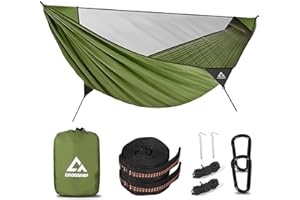 CROSSHIP Camping Hammock with Mosquito Net – Portable Parachute Nylon Hammock Tent with Tree Straps, Camp Rope & Stake - for Hiking, Backpacking, Travel, Backyard, Beach – Holds Up to 500lbs (Green)