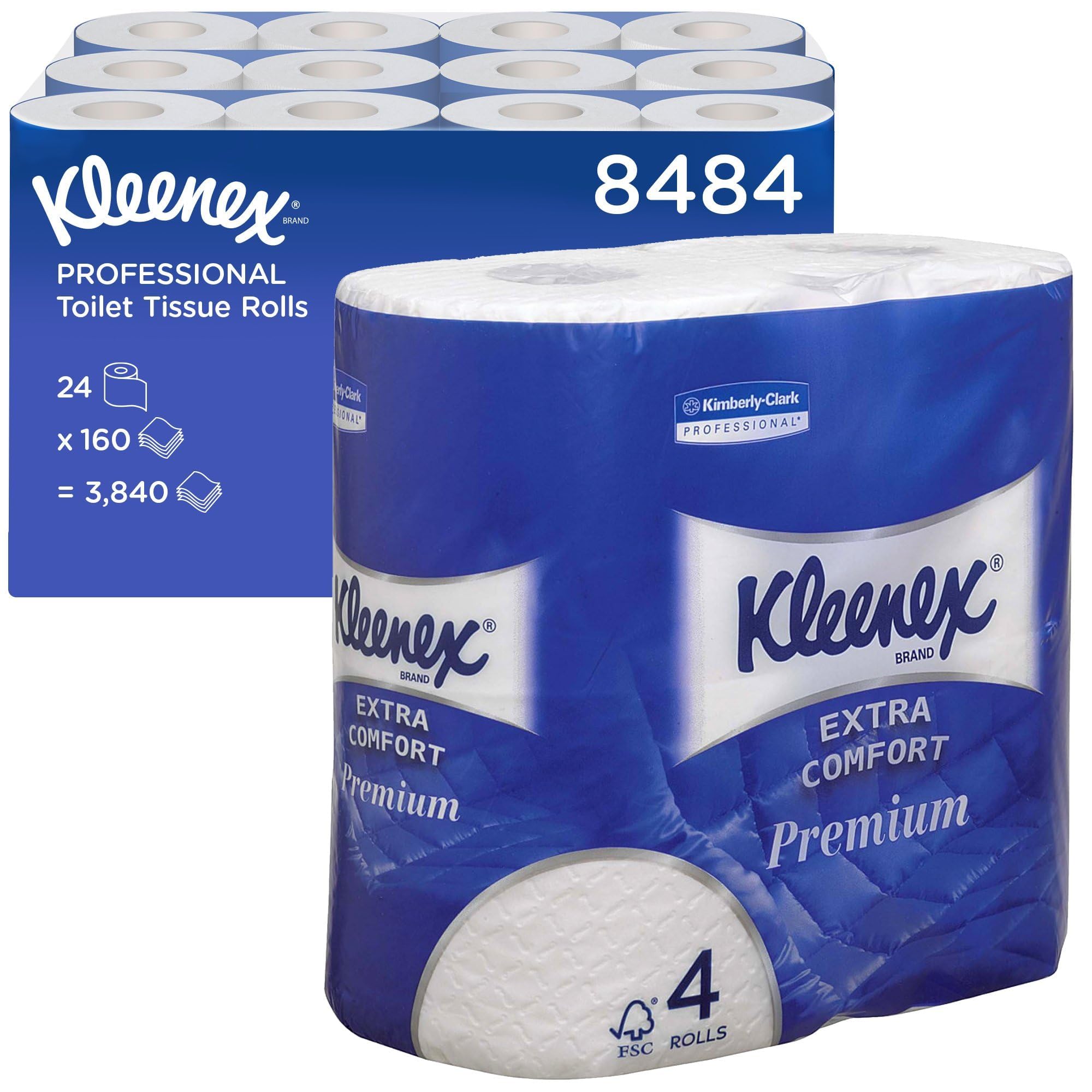 Kleenex Toilet Roll, 4-Ply Premium Quilted Toilet Paper, Soft, Flushable, FSC Certified, Luxury Bathroom Tissue, 24 Rolls x 160 Sheets (3,840 Sheets Total), model nr. 8484