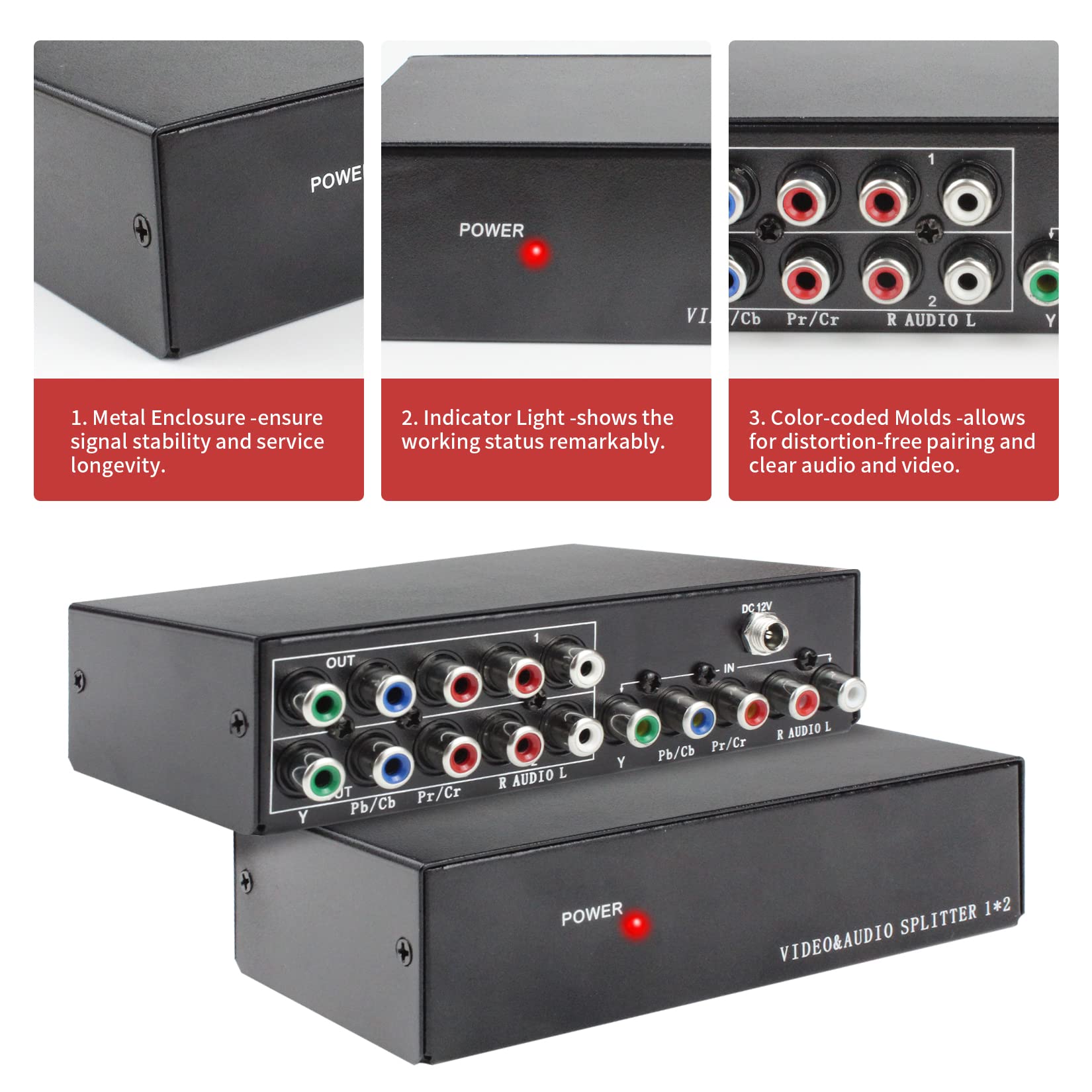 BolAAzuL 2-Way Component Video Splitter 1 in 2 Out, 1x2 YPbPr RCA Component AV Splitter Selector Converter, HDTV Video Audio Distribution 2 Port, Plug & Play, for Computers Video Scalars DVD VCR