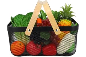 KABOER Metal Mesh Storage Basket Garden Harvest Basket,15.7x 9.8 x 7.1 Inch Rectangle Picnic Basket with Double Wooden Handle,Multifunctional Hanging Fruit Basket for Kitchen Picnic Shopping(Black)