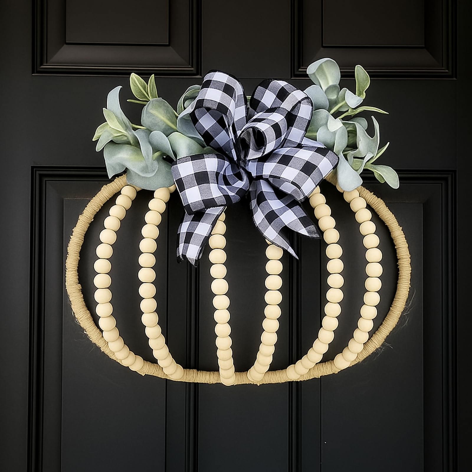 Photo 1 of Leinuosen 16" Fall Pumpkin Wood Bead Wreath Thanksgiving Farmhouse  byFront Door Wreath with Bow Leaf Wooden Pumpkin Autumn Seasonal Natural Boho Hanging Door Wall Decor for Home Harvest Indoor Outdoor