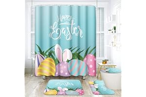 Subwest 4 Pcs Shower Curtain Set Happy Easter Eggs Sweet Kid Rabbit Bunny Flowers with Non-Slip Rugs Toilet Lid Cover and Bath Mat Bathroom Decor Set 72 x 72 inch