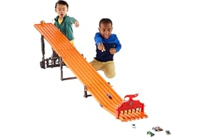 Hot Wheels Toy Car Playset with Lights, Sounds & 6 1:64 Scale Vehicles, Super 6-Lane Raceway, 8-foot Track that Rolls Up for 
