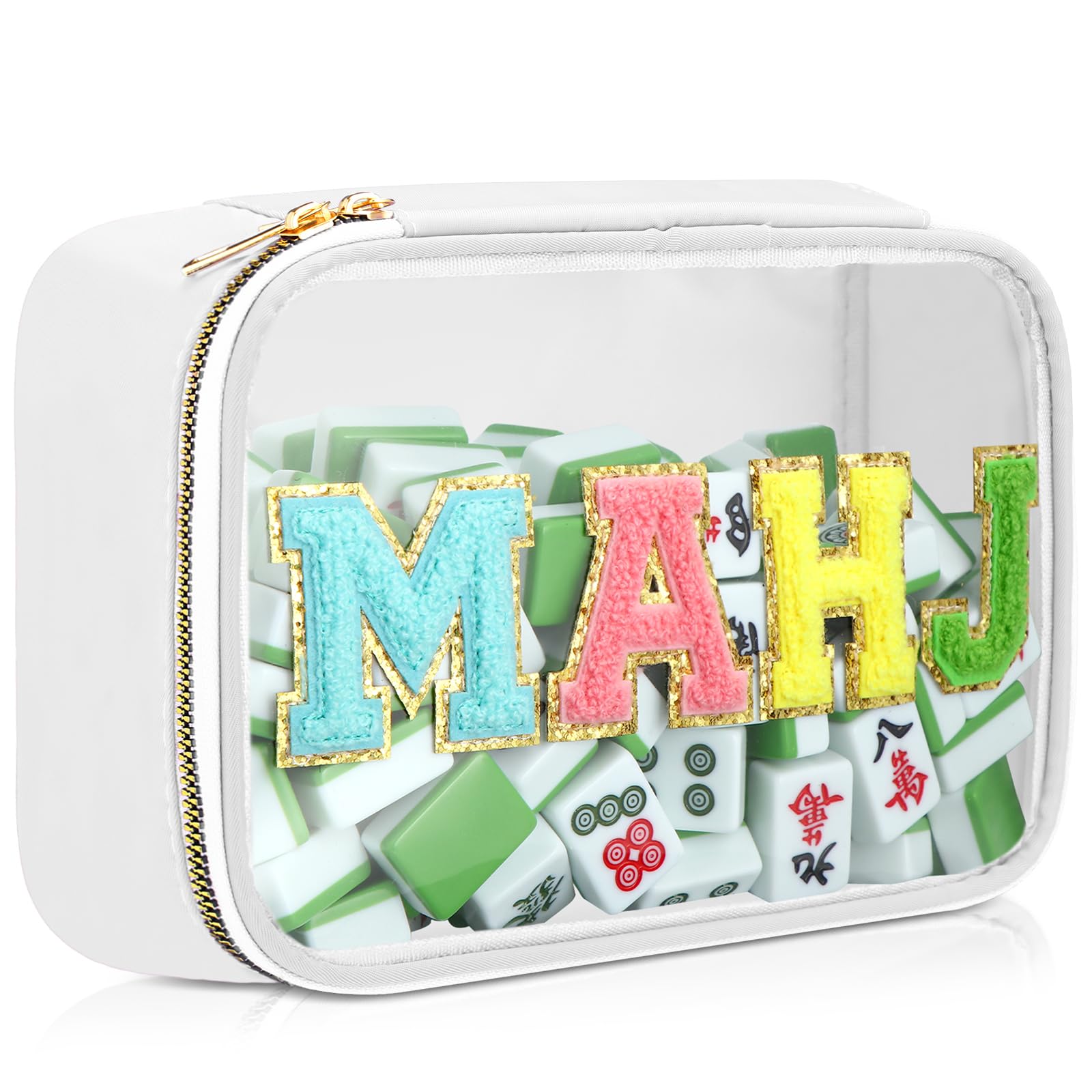 SilTriangle Empty Mahjong Tile Bag American PVC Clear Mahjong Case Size 166 Waterproof Zippered Storage Tile Holder Rack Bag for Game Lover Gift Travel, Case Only (White,Mahj)
