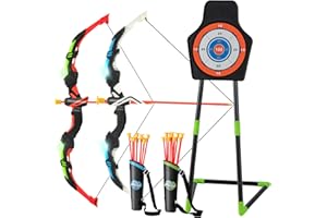 GYMAX Kids Bow and Arrow Set, Archery Set with 2 LED Light Up Bow, 20 Suction Cup Arrows, Standing Target & Arrow Case, Toddl