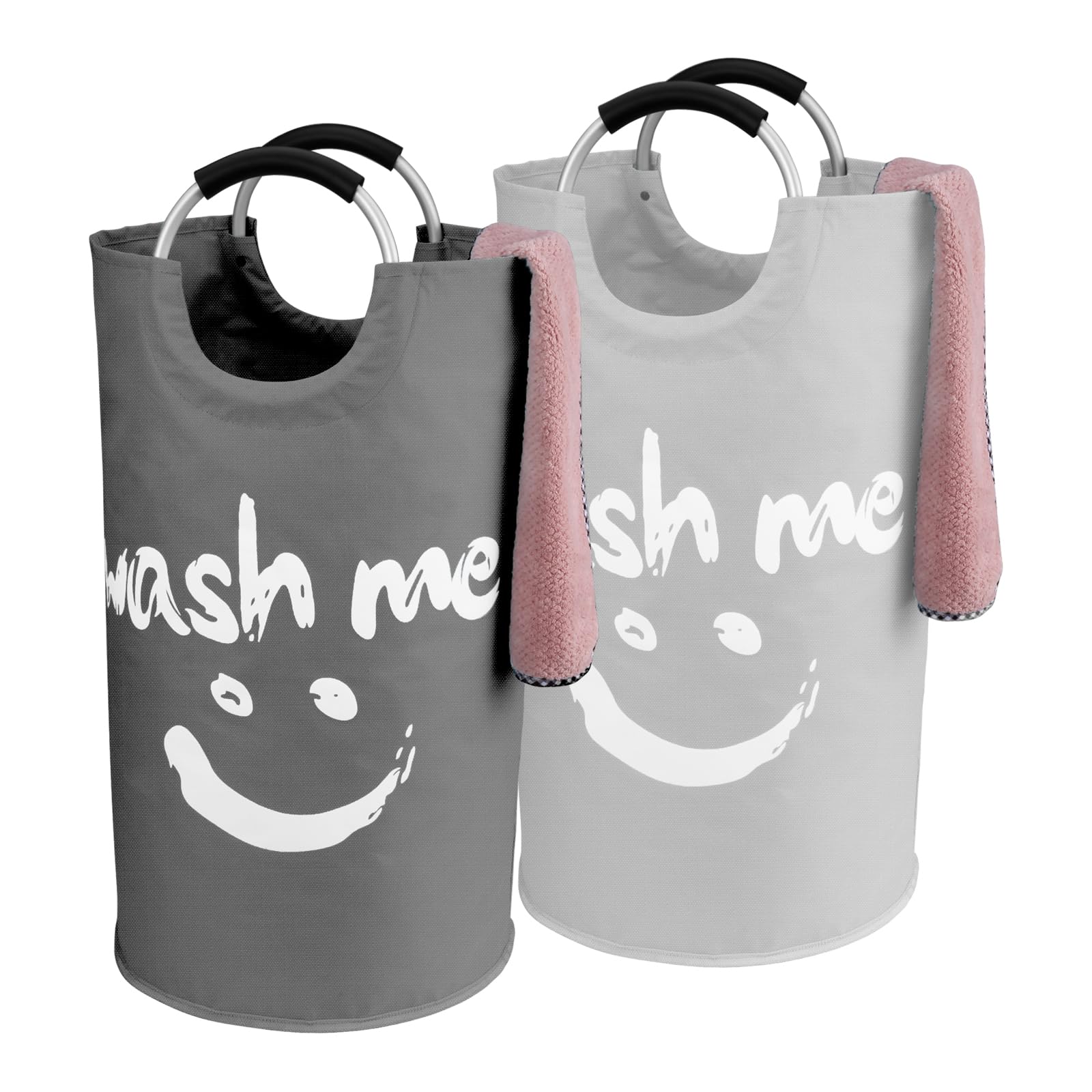 IHOMAGIC Set of 2 Collapsible Fabric Laundry Hamper 95L, Laundry Basket Cloth Basket Bin with Alloy Carry Handles, Clothes Hamper Home Organizer, Toys Basket 15x15x28.3in (Dark Grey/Light Grey)