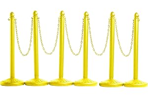 CROWD CONTROL WAREHOUSE Montour Line Plastic Stanchion Yellow 2.5 Inch Diameter with 50 Foot Chain, 6-Pack, Crowd Control Barriers