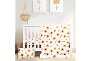 JISEN 3 Piece Baby Crib Bedding Set for Girls - Soft Floral Crib Comforter Set with Crib Sheet Comforter and Pillowcase Sunflowers