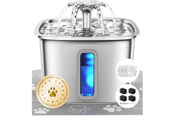 Veken Innovation Award Winner Stainless Steel Cat Water Fountain, 108oz/3.2L Pet Fountain with 4 Replacement Filters & 4 Pre-