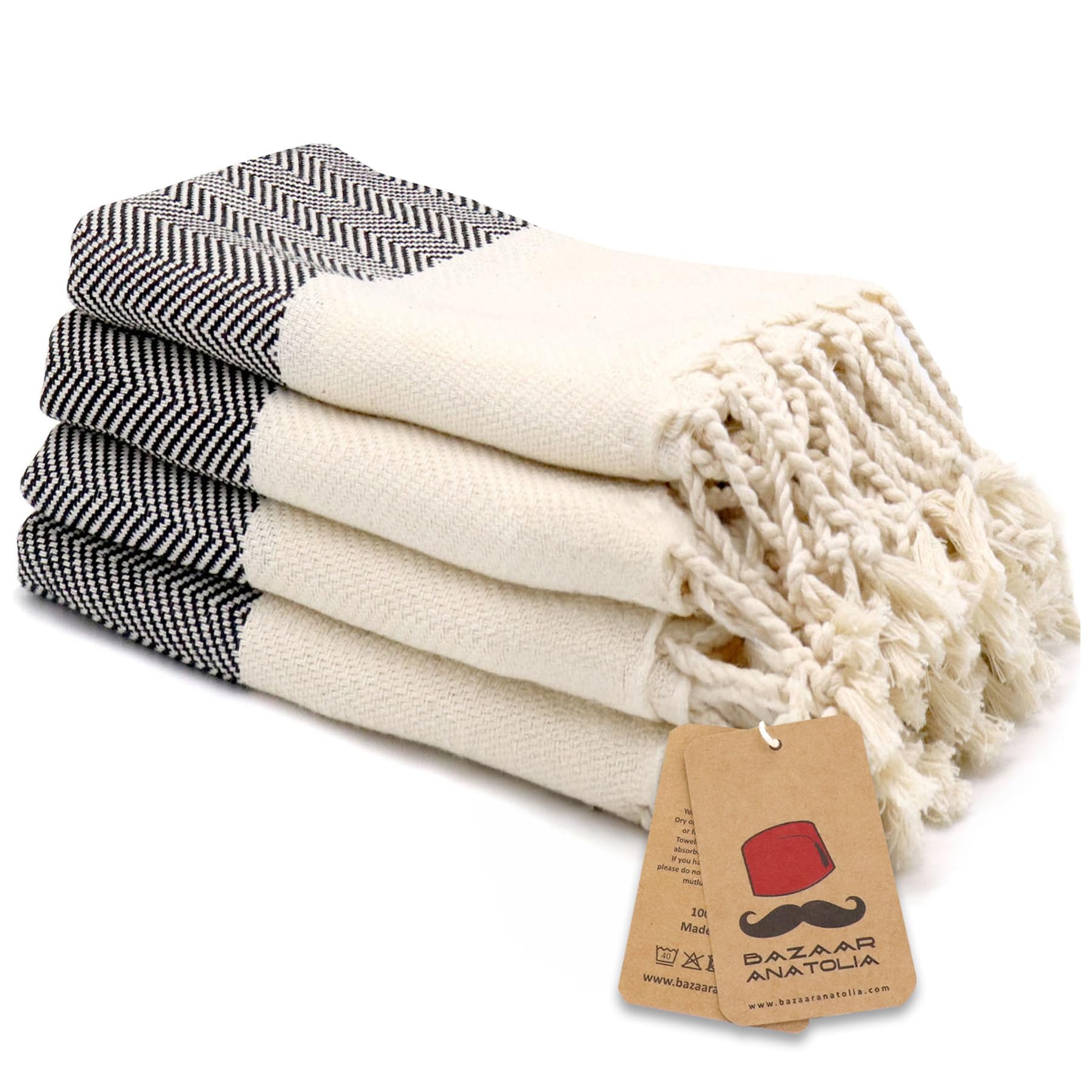 Photo 1 of Bazaar Anatolia Hand Towels - Set of 4 | 39" x 19" - Decorative Turkish Hand Towel for Bathroom, 100% Cotton, Kitchen, Face, Hair, Tea, Dishcloth, Guest Towels - Herringbone Black