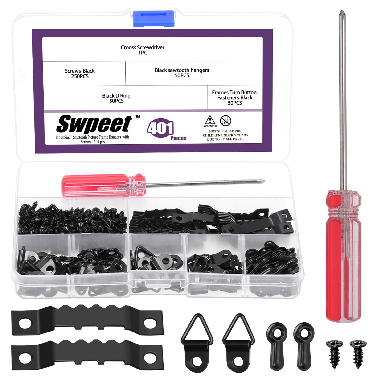 Swpeet 401Pcs Black Picture Hangers Kit, Including Metal Sawtooth Picture Hangers Double Hole and Picture Frames Turn Button and D Ring Picture Frame Hanger and Screwdriver for Hanging Pictures