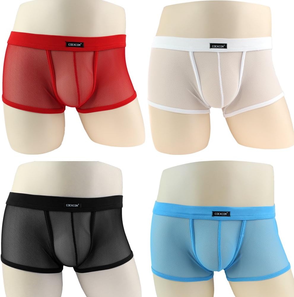 SexRt Men's Sexy Soft Mesh Bulge Pouch Boxer Briefs,NNK003,4 pieces red,L