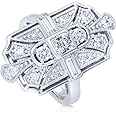 BERRICLE Sterling Silver Vintage Inspired Art Deco Cubic Zirconia CZ Statement Milgrain Cocktail Fashion Ring for Women, Rhodium Plated Size 4-10