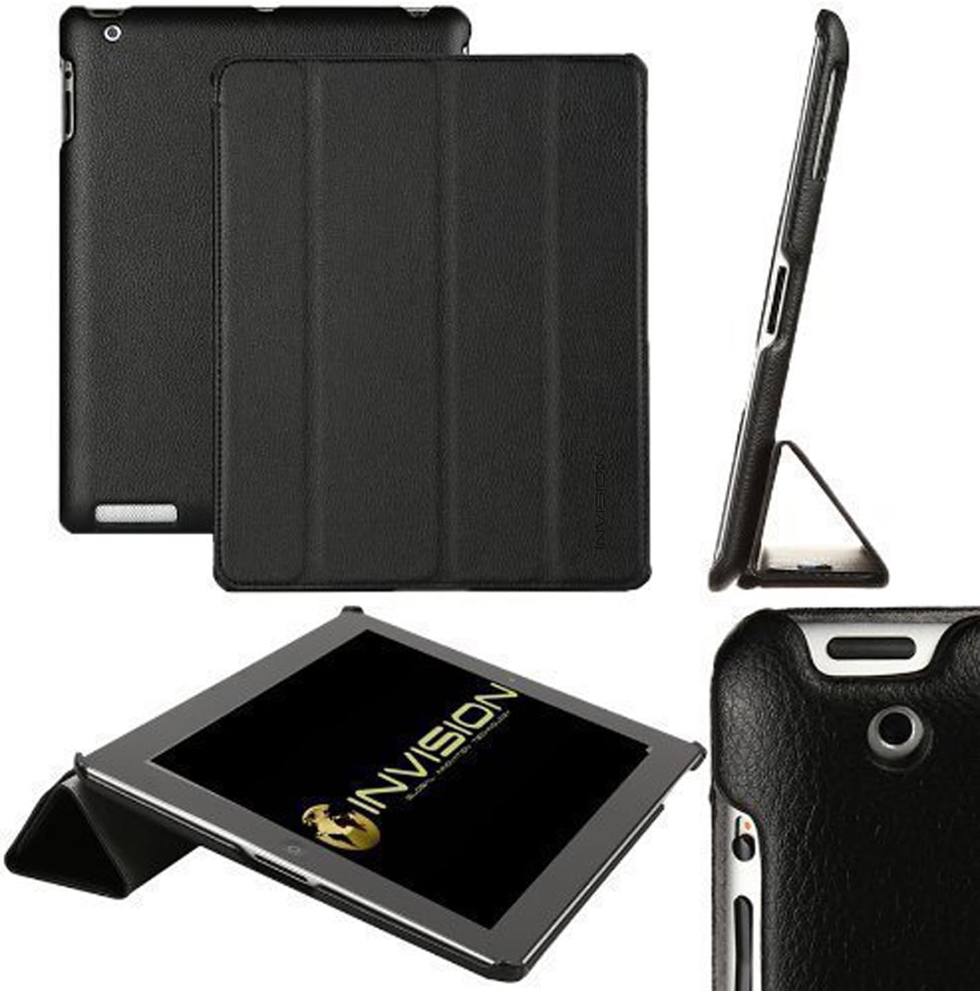 Invision iPad 2, iPad 3 & iPad 4 Smart Case Cover with Triple-layer Protection & Reinforced Impact Zones - Quality PU Leather Finish & Microfibre Inner - Auto Sleep/Wake Function [iPad 234 –Black]