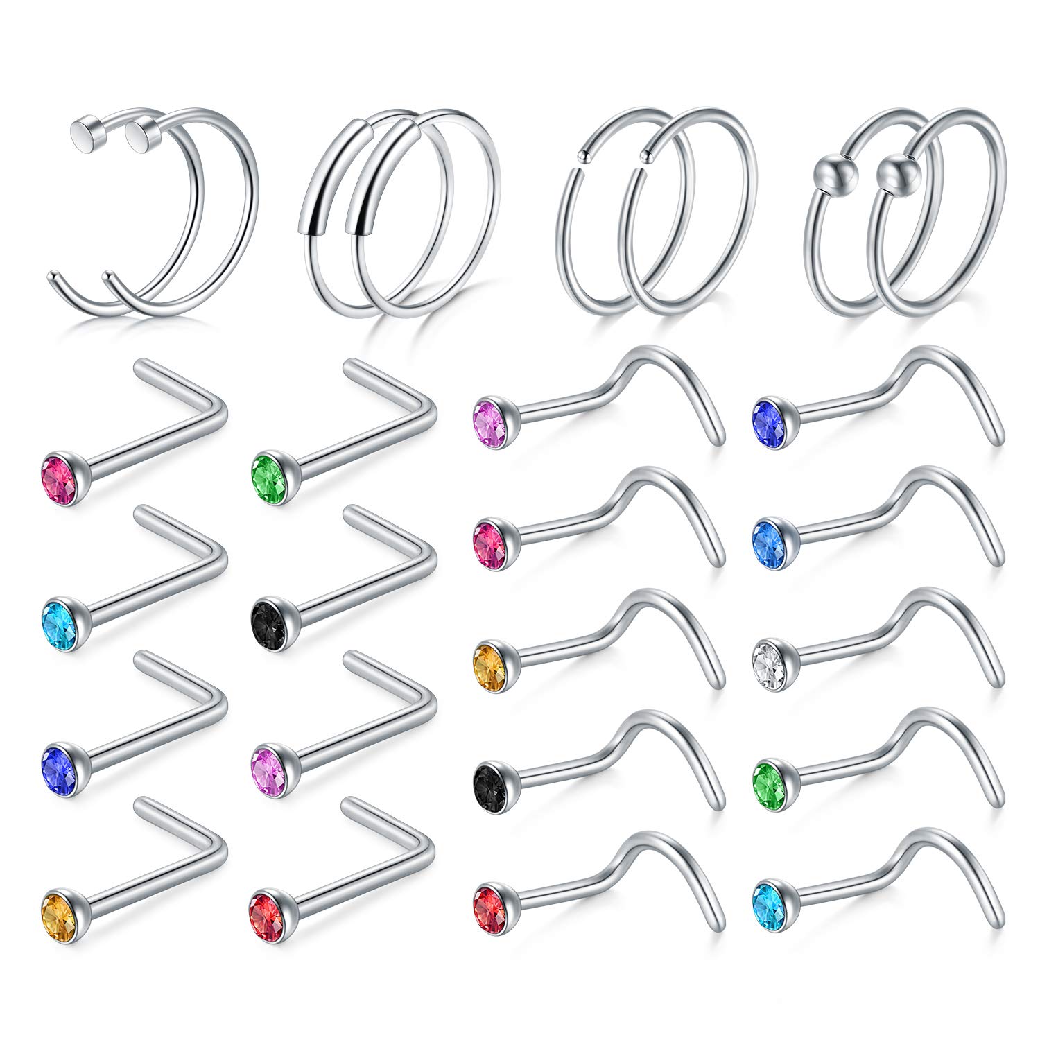 AceFun Nose Rings Nose Piercing Nostril Screw 26PCS 20G 316L Surgical Stainless Steel Body Jewelry Piercing Nose Ring Studs
