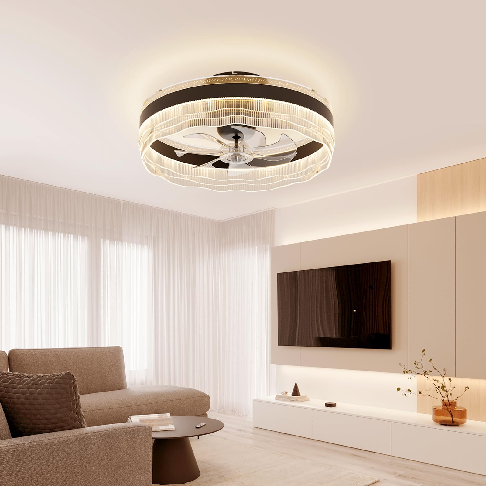 kejector Low Profile Ceiling Fan with Light,20 Inch Fandelier Ceiling Fans with Lights and Remote App Control,360°Oscillation Bladeless Flush Mount LED Fan Light for Bedroom Living Dining Room