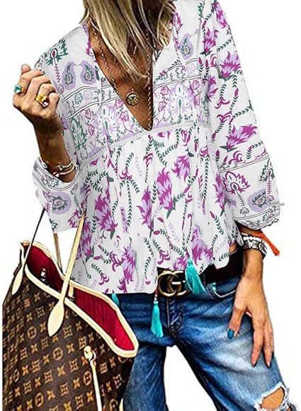 Weant Women S Casual Long Sleeve Tops V Neck Floral Print Tassels Vinatge Retro Tunic T Shirts Blouse Tops Ladies Teen Girls Pullover Jumpers Sweatshirts Size Uk10 18 Amazon Co Uk Musical Instruments