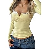 SweatyRocks Women's Y2K Long Sleeve Button Ruched Lace Trim T Shirt Square Neck Slim Fit Henley Tee Crop Top