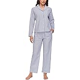 Ryfox Women's Striped Seersucker Pajama Set Cotton Long Sleeve Button Down PJs 2-Piece Lounge Set with Pockets