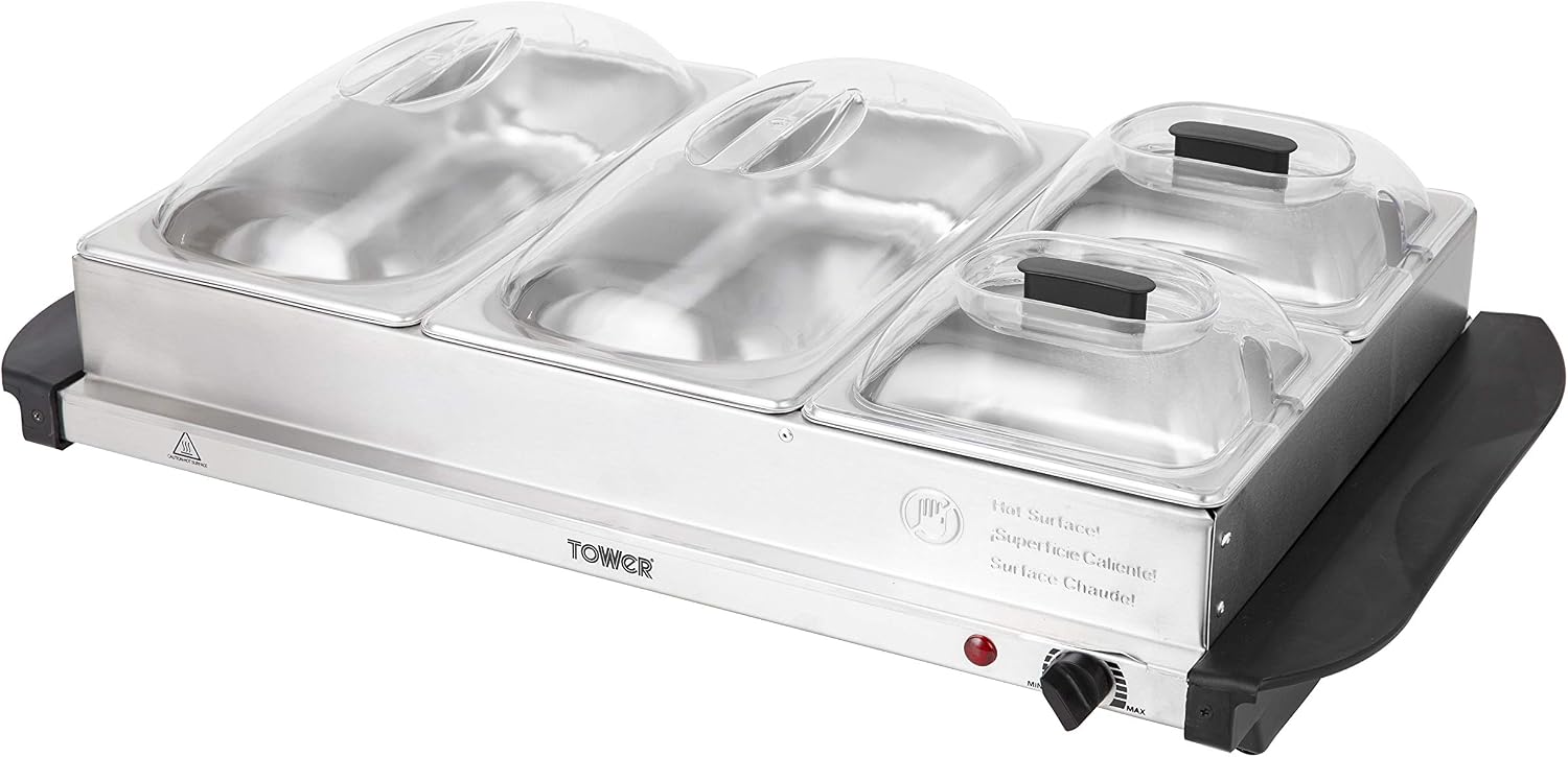 Tower Four Buffet Server and Plate Warmer with 2 x 2.4 and 2 x 1.2 Litre Trays Capacity, 300 W, Stainless Steel
