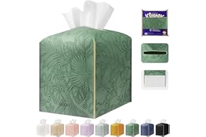 PARIERIS Tissue Box Holder Cover Square Tissue Cube Cover PU Leather Tissue Organizer with Bottom Belt for Bathroom, Tabletop, Kitchen, Night Stands, Office, Home, Car (1, VibrantGreen)
