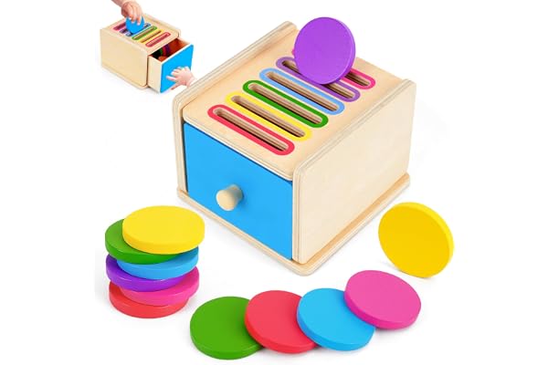 FCSONU Toddlers Montessori Coin Box Toys for 1 2 3 Year Old Boys Girls, Wooden Baby Toys for Toddlers 1-3, Color Sorting Stac