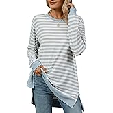 Womens Casual Striped Long Sleeve Shirt Trendy Crew Neck Slim Loose Fit Basic Blouses Tops