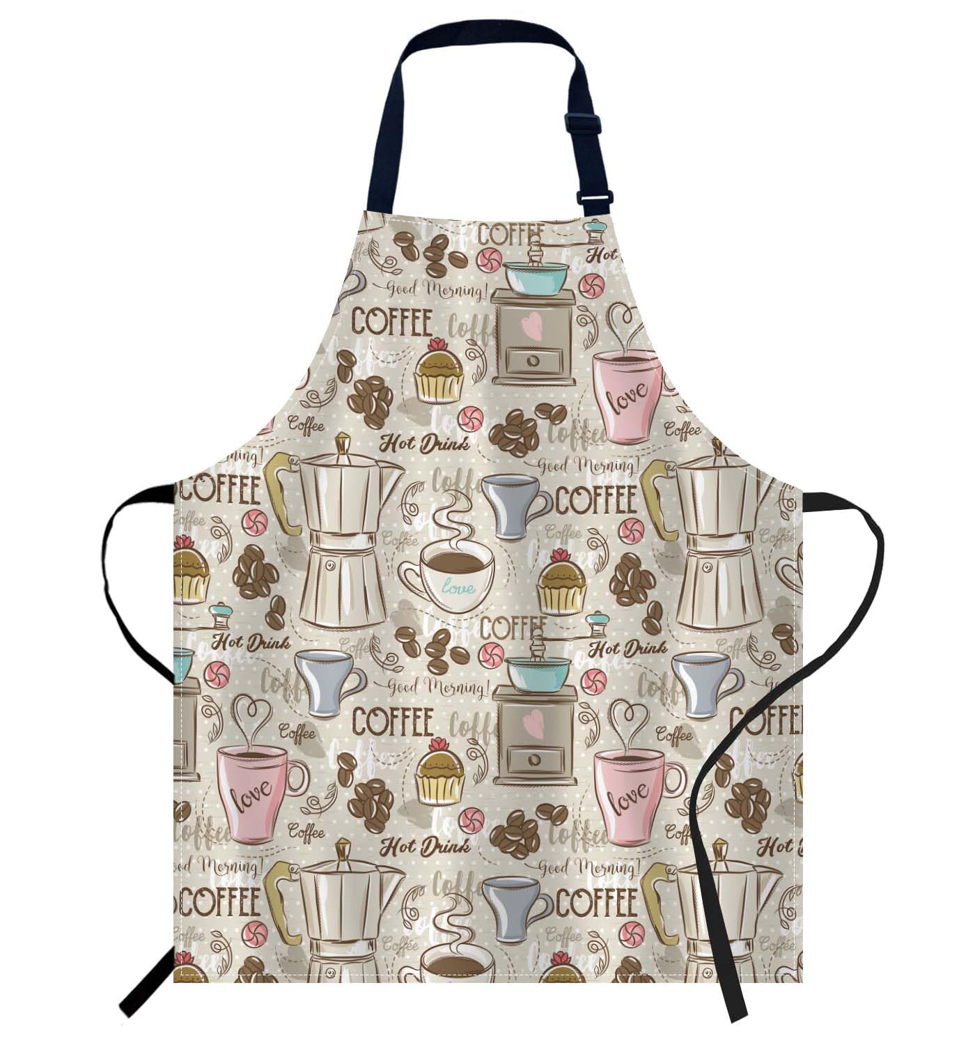 Smooffly Coffee Set Patterns Apron Adjustable Bib Chef Aprons Cooking Apron Unisex Women Men Aprons Perfect for Home Kitchen, Baking, Gardening, Restaurant, Coffee house BBQ