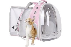 HALINFER Square Back Extension Pet Backpack Carrier for Cat and Small Puppy up to 12 Pounds, Clear Space Capsule Astronaut Transparent Bubble Window Backpack to Carry and Transport Cat to Vet and Traveling