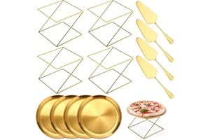 Yiyiring 12 Pcs Pizza Pan Riser Stands Sets Includes 4 Metal Pizza Table Stands 4 Pizza Pan and 4 Wood Handle Pie Server, Pizza Rack Stand Pizza Tray for Pizza Dessert Cheese(Gold,Square)