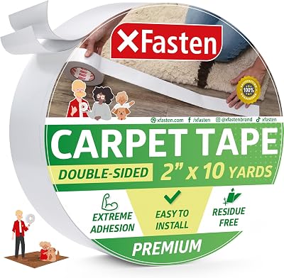 XFasten Double Sided Carpet Tape 2x10 Yards Removable, Hardwood Safe