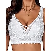 Avidlove Lace Bralette V Neck Bralettes for Women Strappy Wireless Bra Sexy Bra White