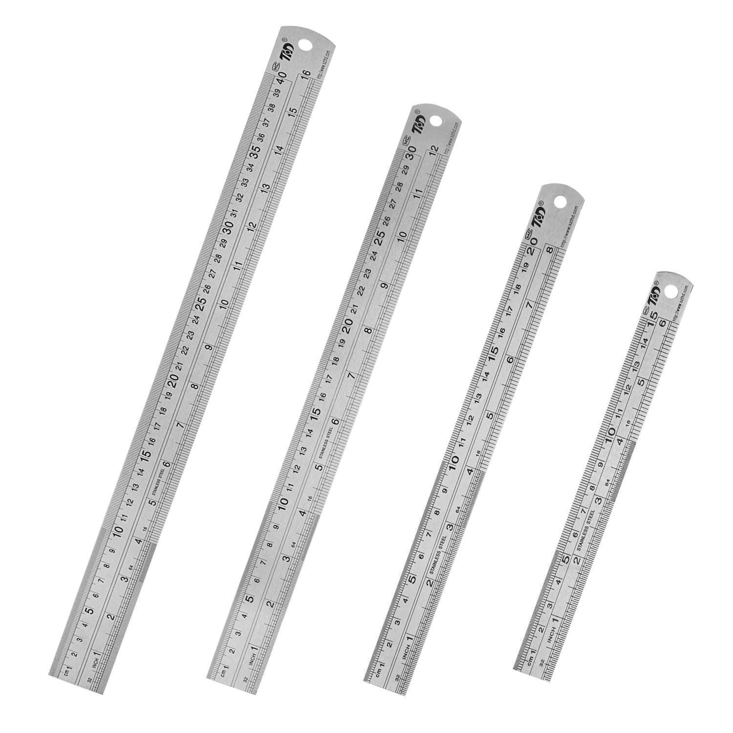 HIHUHEN Stainless Steel Ruler 15cm+20cm+30cm+40cm Office Ruler 4 Pieces Set Metal Rulers Kit for Engineering, Teaching(4 x Ruler)