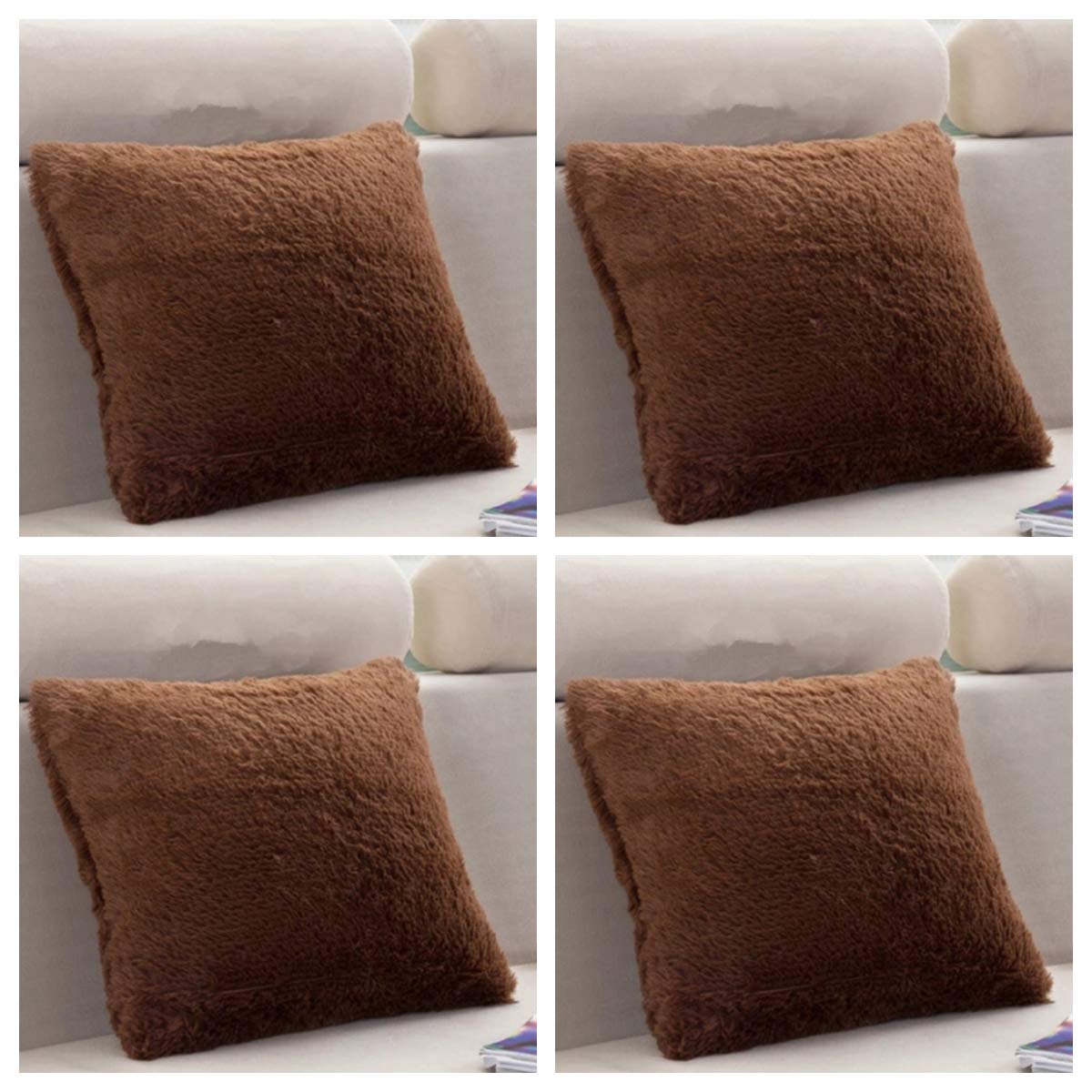 SET OF 4 - Extra Soft Teddy Bear Faux Fur Fleece Cushion Covers 45cm x 45cm / 18x18-14 Amazing Colours (Brown)