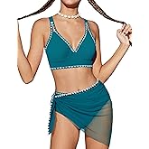 Dearnow Girls Swimsuit V-Neck Shell Stitched Solid Color High Waisted 3 Piece Bathing Suit Bikini with Cover Up 9-16T