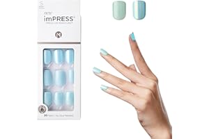 KISS imPRESS No Glue Mani Press On Nails, Design, 'Rain Check', Blue, Short Size, Squoval Shape, Includes 30 Nails, Prep Pad, Instructions Sheet, 1 Manicure Stick, 1 Mini File