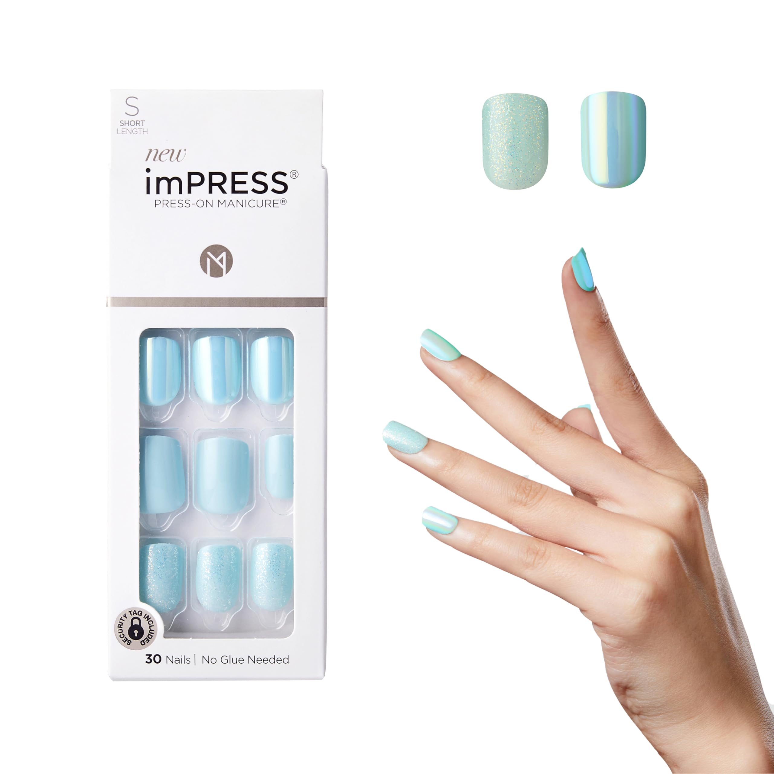 KISS imPRESS Press-On Manicure, Rain Check, Short Length Square, with PureFit Technology, Includes Prep Pad, Mini File, Cuticle Stick, and 30 Fake Nails