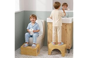 AmazerBath Toilet Stool for Toddler Potty Training, 3-in-1 Sturdy Bamboo One Step Squat Poop Foot Stool, Non-Slip Baby & Kids Potty Step Stool for Bathroom Sink, Kitchen Counter, Bedroom, Closet, 9"