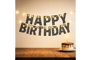 KatchOn, Glitter Black Happy Birthday Banner Light Up - Prestrung, 10 Feet | Light Up Happy Bday Sign | Happy Birthday Decorations for Men, Women, Boys, Girls | Halloween Birthday Party Decorations