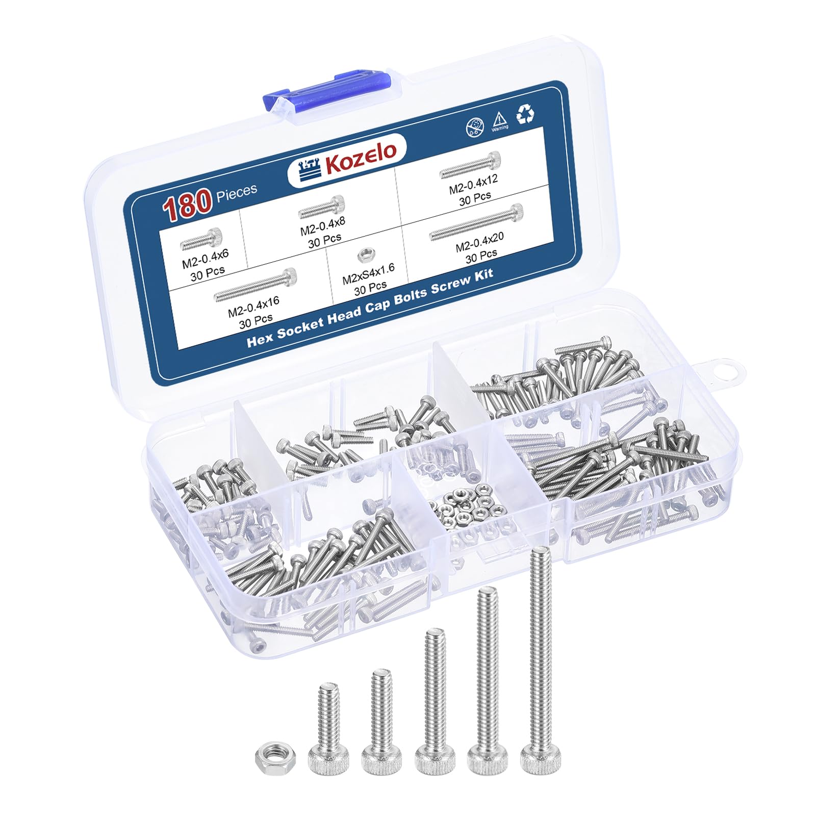 Kozelo 180pcs M2 Socket Head Cap Screws Bolts Nuts Assortment Kit - [M2x6/8/12/16/20mm] 304 Stainless Steel Allen Socket Drive for 3D Printer
