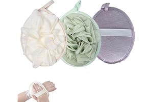 Hfpengzan 3 Pcs Bath Shower Loofah Sponge Pouf Body Scrubber Bath Scrunchies Body Wash Sponge (Beige,Green,Purple)