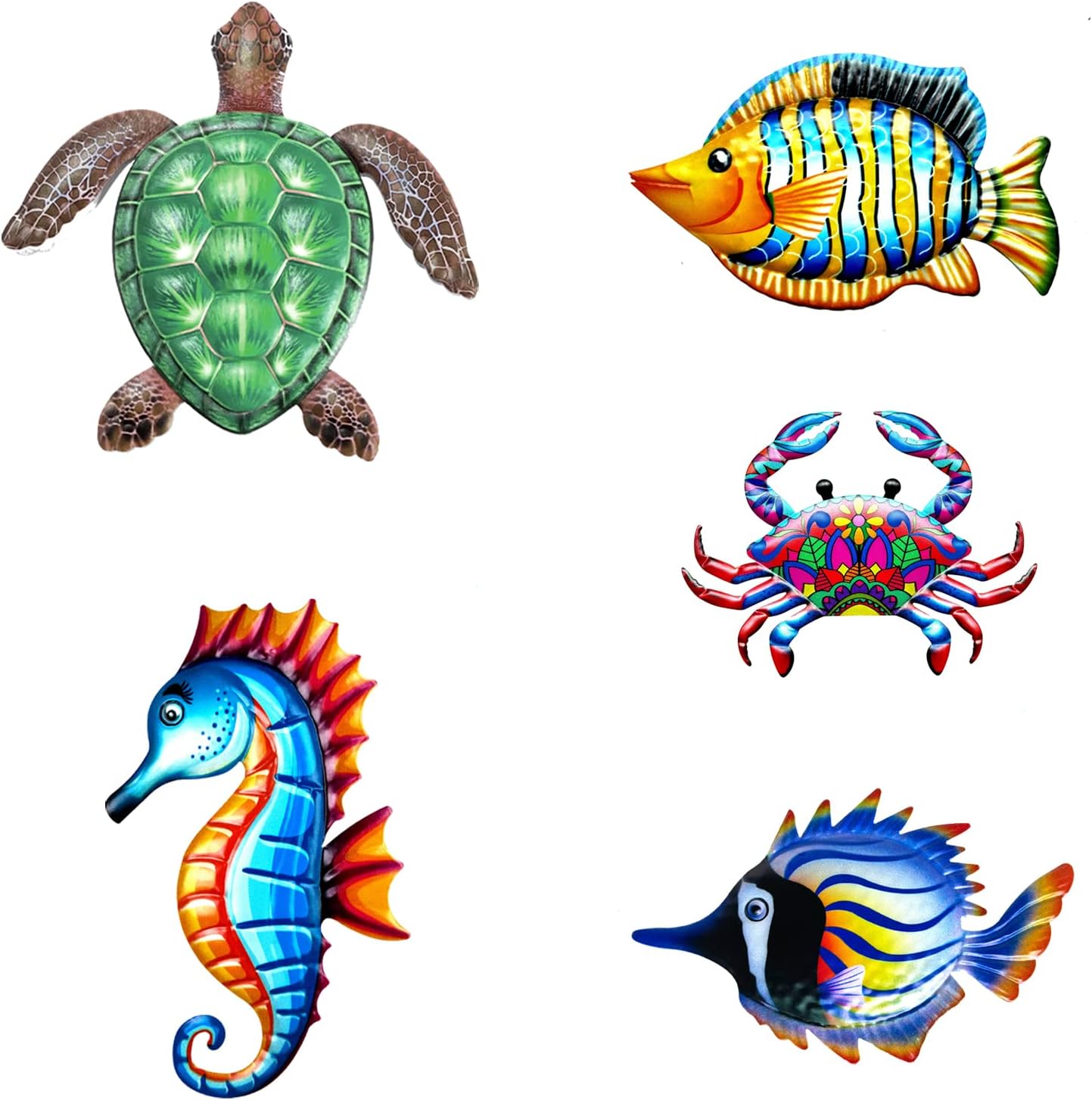 Plaques & Wall Art - Wetufin - 5pcs Garden Wall Art Decor Set - 2 Fish & 1 Turtle & 1 Seahorse & 1 Crab Marine Animals Metal Wall Decor Outdoor Hanging Multicolored Handmade Outdoor Decor, Exquisite