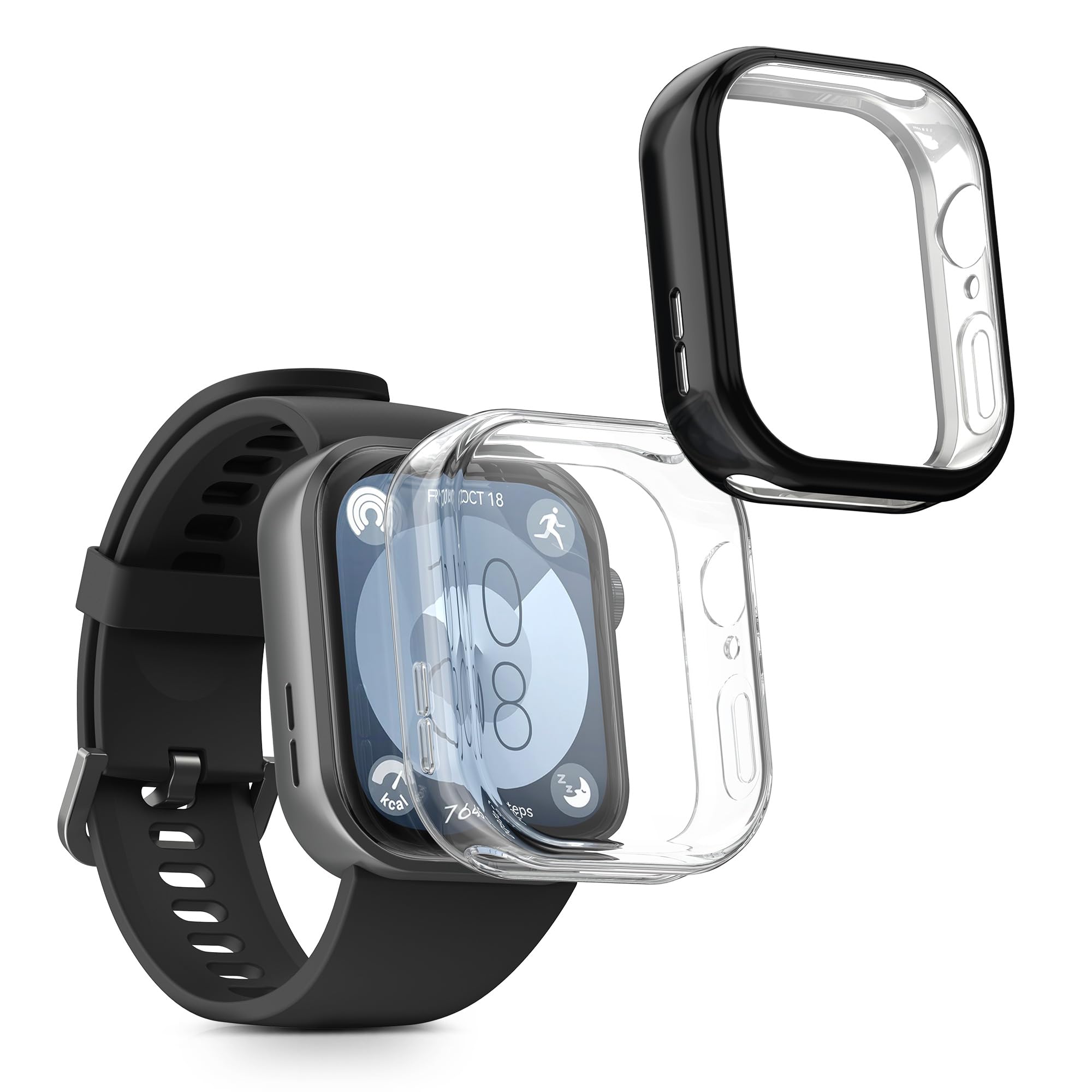 kwmobile Case Compatible with Huawei Watch Fit 3 Case - 2x TPU Silicone Fitness Tracker Cover - Transparent/Black