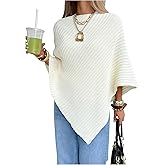 MakeMeChic Women's Cape Poncho Sweater Cloak Sleeve Boat Neck Asymmetrical Rib Knitted Tops