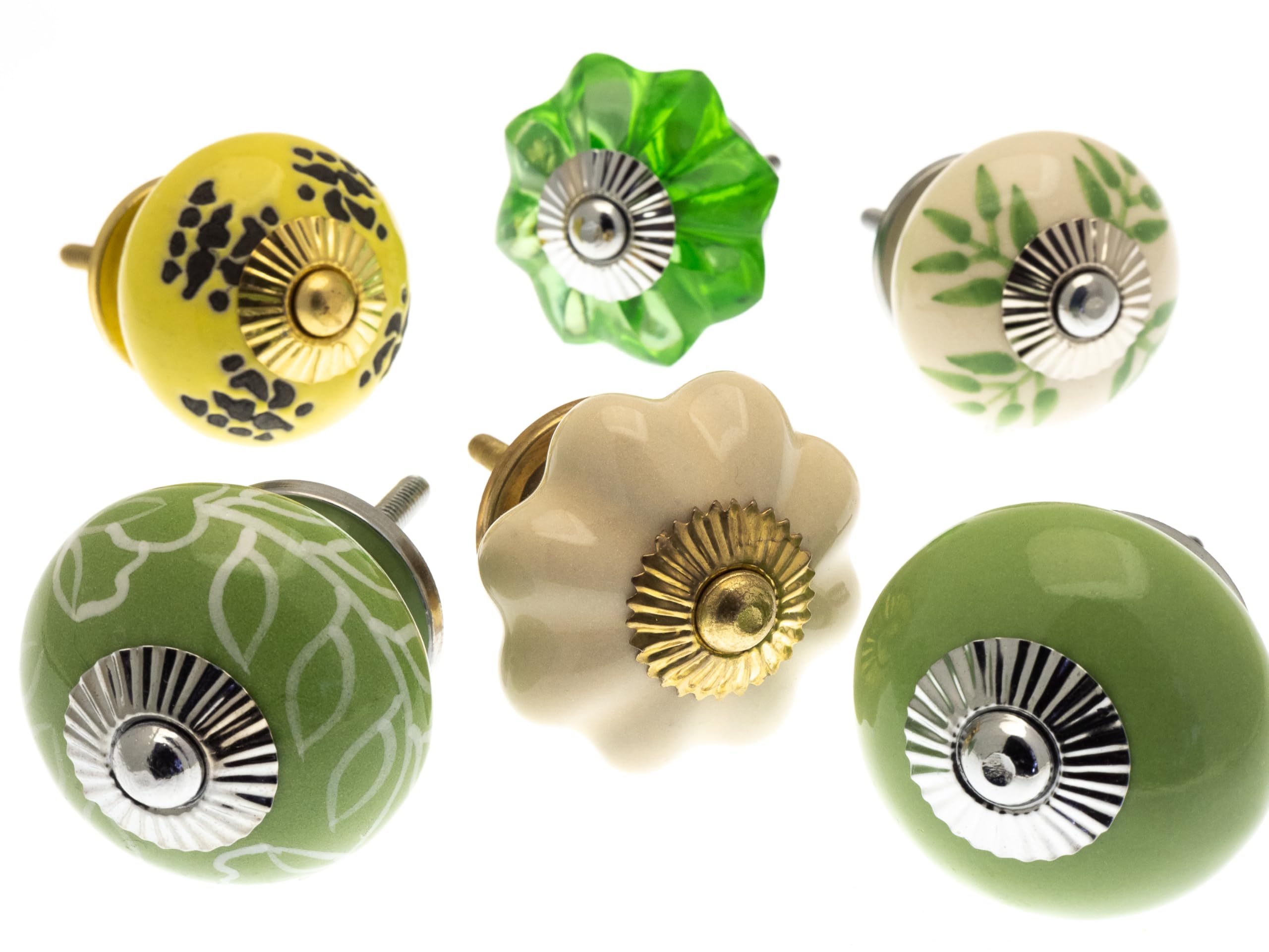 Mango Tree - Mixed Set of Greens & Creams Vintage Shabby Chic Style Ceramic Cupboard Knobs X Pack 6 (MG-229-A)