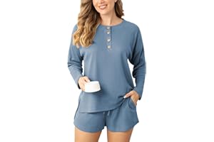 Sodtau Pajamas Set for Women Waffle Knit Lounge Set Long Sleeve Top and Shorts Matching Lounge Set Loungewear Sweatsuit Set