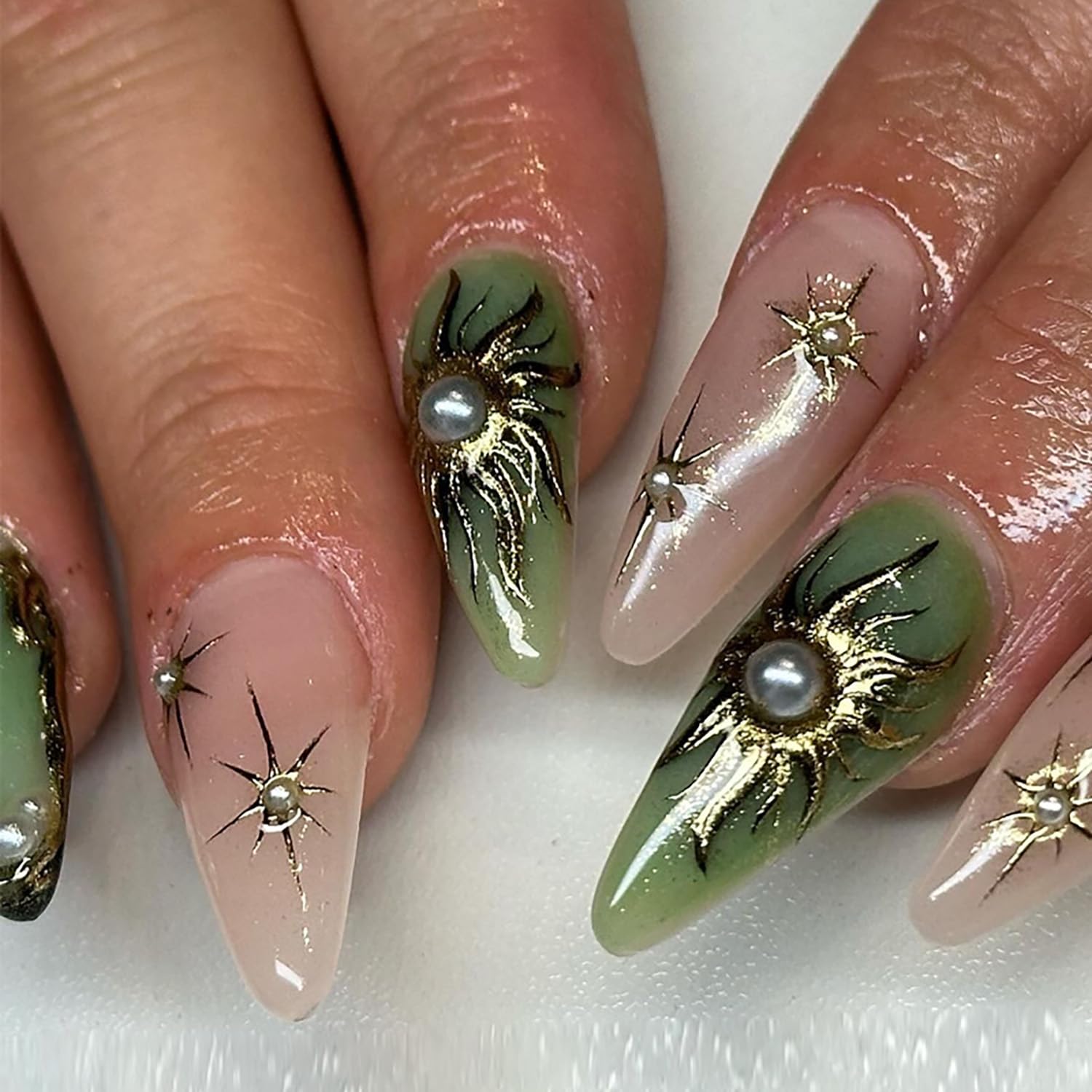 Press on Nails Almond Medium Length Glossy Full Cover Acrylic French Almond False Nails with Designs Artificial Almond Shaped Fake Nails with Charms Glue Stick ons Fingernails for Women Girls(BZ1460) - Image 2