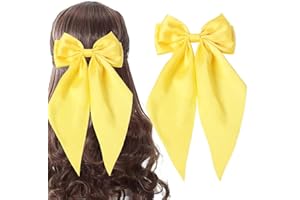 Hair Bows for Women,Yellow Silky Satin Hair Bow with Oversized Long Tail Large Hair Ribbons Barrettes Metal Clips Hair Access