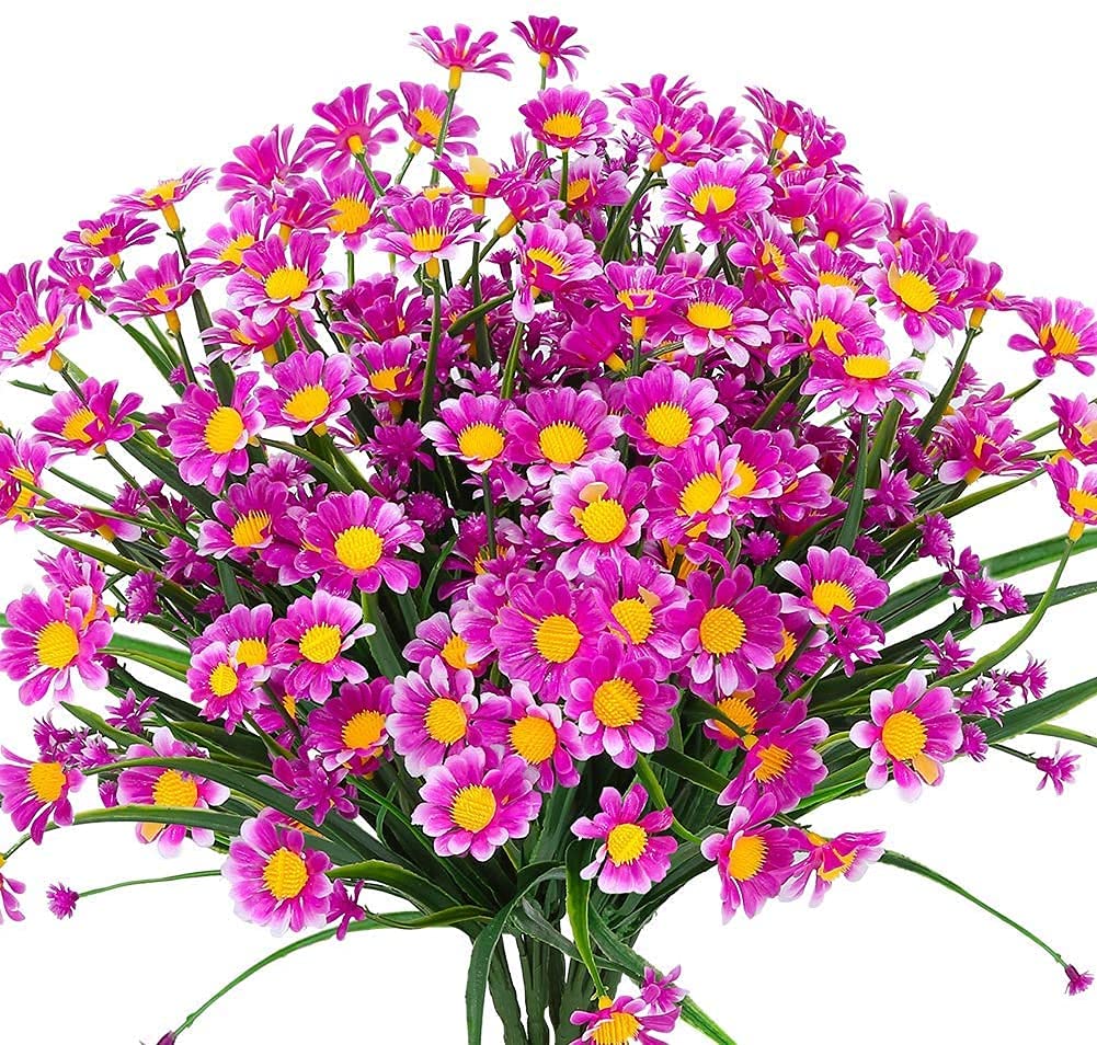 Ruiuzioong Artificial Daisy Flowers 4 Pack Outdoor Fake Flowers for Decoration No Fade Faux Plastic Flower Garden Porch Hanging Planter Farmhouse Window Box Décor (Fuchsia)